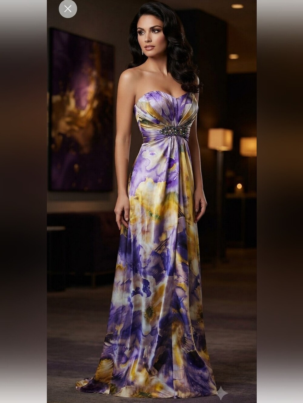 Camille La Vie Purple and Gold Strapless Gown